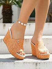 economico Sandali con zeppa-sandali con zeppa da donna in denim azzurro chiaro: eleganti sabot con plateau per resort all'aperto, vacanze estive e relax in hotel