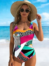 Недорогие Монокини-Жен. Купальники Один кусочек Высокий вырез купальник Одежда для пляжа лето Графика Геометрический принт U-образный вырез Без рукавов Купальники