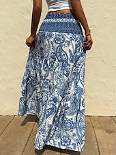 preiswerte Urlaubsröcke-Damen Urlaubsrock Bohemien Vintage Lässig Maxi Hohe Taille Röcke Blumen Druck Mikroelastisch Täglich Straße Blau Sommer