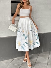 cheap Vacation Skirts-Women's Vacation Skirt Fashion Casual Midi High Waist Skirts Floral Print Micro-elastic Daily Street Beige Spring Polyester