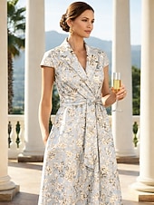  Corte A Hasta el Suelo Vestido Invitada Boda Vestido formal Vestido de noche Vestido de Madrina Manga Corta Diseño Elegante Vintage Boda Formal Jacquard con Lazo(s) Bolsillo