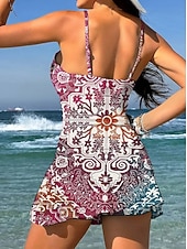 رخيصةأون مايوهات تانكيني-نسائي ملابس السباحة قطعة واحدة مايوه تنورة ملابس السباحة أنيق العطلة الرسم هندسي V رقبة بدون كم بدلة سباحة