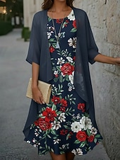 baratos Arte &amp; Design Vestido-Mulheres Vestido midi Vestido casual Conjunto de vestido Elegante Moda Moderno Ao ar livre Férias Para Noite Normal Floral Manga 3/4 Gola Redonda Azul Marinha Verão Primavera Outono