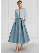 Недорогие Комплекты платьев для мам-А-силуэт Ниже колена Свадебное платье для гостей Платье для матери невесты Без рукавов Рукав 3/4 Квадратный вырез Элегантный стиль Вечеринка в саду Свадьба Официальные Стретч-креп с Карман