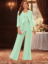 cheap Mom's Pant Suits-Pantsuit Floor Length Mother of the Bride Dress Long Sleeve Scoop Neck Elegant Simple Wedding Guest with Solid Color