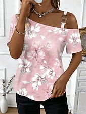 baratos Blusas Florais-Mulheres Camiseta T-shirt Imprimir Floral Gráfico à moda Clássico Casual Manga Curta Pescoço Assimétrico Tops regulares Diário Para Noite Final de semana Verde Claro Rosa Laranja Verde Cinzento Verão