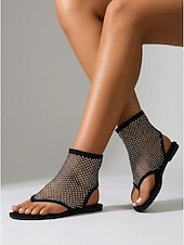 cheap Women-Women's Black Mesh Rhinestone Flat Sandals - Sparkly Fishnet Thong Sandals for Coachella, Music Festivals &amp; Summer Beach Vacations