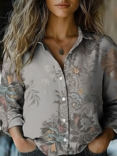 Недорогие Полосатые и геометрические блузки-Жен. Рубашка Искусственный хлопок и лен Пуговицы С принтом Загар и защита от солнца Богемия Винтаж Стиль Длинный рукав Рубашечный воротник Обычные топы Повседневные Праздники