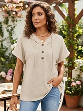 Недорогие Простая футболка-Жен. Летние вершины Сплошной цвет Элегантный стиль Винтаж Симпатичные Стиль С короткими рукавами Капюшон Обычные топы Повседневные Синий Черный Розовый Лиловый Бежевый Лето Весна Осень