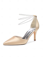 Недорогие Невеста-Женские серебристые атласные туфли на каблуке с острым носком и жемчужными ремешками на щиколотке, элегантные свадебные туфли для пляжной свадьбы.