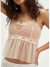 Недорогие Кружевные топы-Жен. Блуза Кружевные топы Кружева Пэчворк Полотняное плетение Стиль Секси Современное Без рукавов U-образный вырез Укороченные топы Повседневные Праздники На выход Черный Абрикосовый Лето Весна