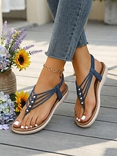 baratos Sandálias Confortáveis-Sandálias femininas de dedo com tiras e palmilha acolchoada, sandálias rasteiras com tira elástica no calcanhar, estilo casual e confortável para o verão, ideais para caminhadas, férias, praia e