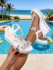 cheap Women-Women's White Butterfly Wedge Sandals - Sparkly Rhinestone Platform Heels for Resort Pool Parties, Tropical Vacations &amp; Summer Glamour