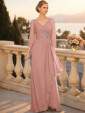  A-Line Floor Length Wedding Guest Dress Formal Dresses Evening Gown Mother of the Bride Dress 3/4 Length Sleeve V Neck Elegant Wedding Guest Engagement Party Chiffon with Beading Ruching