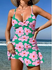 رخيصةأون مايوهات تانكيني-نسائي ملابس السباحة قطعة واحدة مايوه تنورة ملابس السباحة أنيق العطلة ورد الرسم V رقبة بدون كم بدلة سباحة