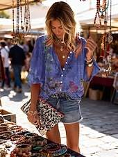 Недорогие Цветочные блузки-Жен. Рубашка С принтом Омбре Цветочный принт Графика Богемия Винтаж Повседневные Рукав 3/4 V-образный вырез Обычные топы Повседневные Праздники Одежда для пляжа