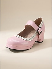 abordables Retro de los años 50-Zapatos Mary Jane vintage de los años 50 para mujer: elegantes tacones de bloque de charol negro sintético con ribete festoneado para fiestas retro y eventos rockabilly. &amp;estilo de mediados de siglo