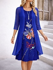  Unabhängigkeitstag Patriotisches Damen Kleid Set A-Linien Kleid Elegant Urlaub Grafische Flagge Gestuften Druck Midi Kleid Halblange Ärmel Rundhals Alltag Blau Sommer Frühling Reguläre Passform