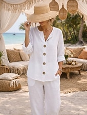 זול חולצות יוקרה-בגדי ריקוד נשים חולצה חולצות פשתן מכותנה כפתור למעלה 100%  כותנה כפתורים צבע אחיד בסיסי יום יומי שרוול 4\3 צווארון V חולצות רגילות יומי שחור לבן אודם חאקי קיץ