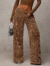 baratos perna larga e cintura alta-Mulheres Calças Calça casual Reto Moda Roupa de rua Básico Comprimento total Cintura Alta Tecido Paetês Bolsos Cintura elástica Confortável Micro-Elástica Diário Férias Festa Preto Azul Marinha Azul