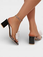 abordables Mujeres-Sandalias negras de tacón cuadrado para mujer con lazo de malla de diamantes de imitación: elegantes sandalias con tiras transparentes y punta cuadrada para noches de resort, cenas y bodas de verano.