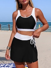 abordables Conjuntos de bikini-Mujer Bañadores Bikini 2 piezas Falda Traje de baño Control de barriga Alta cintura Delgado Espalda al Aire Vacaciones Ropa de playa Color sólido Camiseta con cuello redondo Sin Mangas Trajes de baño