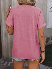cheap Plain Blouses-Women's T Shirt Tee Top Buttons Plain Fashion Stylish Classic Short Sleeve V Neck Regular Tops Daily Going out Weekend Black Pink Sky Blue Fuchsia Green Summer Spring