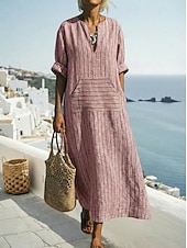 abordables Vestidos-Mujer Normal Vestido maxi Vestidos con tacto de lino Lino de algodón sintético Vestido Kaftan Vestido vintage Elegante Casual Diario Trabajo Holgado Raya Manga Larga Escote en Pico Rojo Verde Trébol