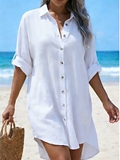 economico Vestiti-Per donna Finto cotone e lino Elegante Vintage Quotidiano Ferie Uscire Vestibilità comoda Semplice Manica Lunga Colletto a Camicia Bianco Verde Estate Primavera