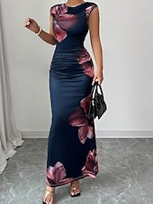 voordelige Bloemenjurk-Dames Maxi-jurk Satijnen Jurk Bodycon Bloemetjesjurk Jurk met print Elegant Modieus Modern Buiten Vakantie Feest Normale pasvorm Bloemig Mouwloos Strakke ronde hals Marineblauw Zomer Lente
