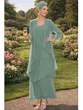 cheap Mom's Dress Sets-Sheath Column Ankle Length Wedding Guest Dress Mother of the Bride Dress Sleeveless V Neck Elegant Simple Wedding Guest Semi Formal Chiffon with Tier Solid Color