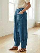 preiswerte Premium-Leinen-Kollektion-Damen-Leinenhose aus 70 % Leinen, weites Bein, Chino-Stil, Sommerhose, Urlaubshose, Streetwear, Basic, lange Länge, mittlere Bundhöhe, schlicht, Tasche, elastischer Bund, bequem, komfortabel, nicht elastisch, für Alltag, Outdoor, Straße, Bordeauxrot, Azur