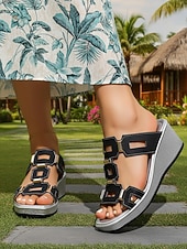 preiswerte Frauen-Weiße Keilsandalen mit Cut-out und silberner Metallic-Sohle – moderne Slipper für Outdoor-Resorts und den Sommerurlaub