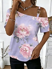 abordables Blouses Florales-Femmes T-shirt Imprimé Fleuri Graphique Mode Classique Occasionnel Manche Courte Une Épaule Hauts Réguliers Quotidien Sortir Week-end Bleu Jaune Violet Été Printemps