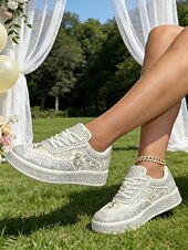 cheap Bride-Women's Silver Crystal Platform Wedding Sneakers – Modern Bridal Shoes for Outdoor Garden Weddings