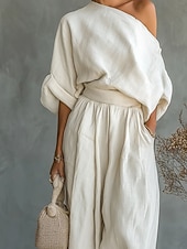 Χαμηλού Κόστους Γυναικείες φόρμες μπλούζας-Γυναικεία Βαμβακερά σετ λευκών ειδών Σετ παντελονιών μπολερό Μακρυμάνικο Ώμοι Έξω Σκέτο Σουρωτά Κουρελού Κομψό Μοντέρνα Κομψό στυλ street Causal Καθημερινά ΕΞΩΤΕΡΙΚΟΥ ΧΩΡΟΥ Μπεζ Καλοκαίρι