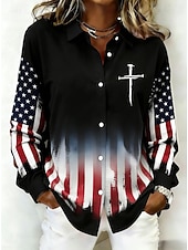  Αμερικανική Ημέρα Ανεξαρτησίας Γυναικεία Μπλούζα Κουμπιά Τύπωμα Γραφικό Σημαία Αμερικανική Επέτειος Vintage Στυλάτη Σύγχρονη Μακρύ Μανίκι Κολάρο Κανονικά Κορυφαίες Καθημερινές Κοραλί Κόκκινο Μαύρο