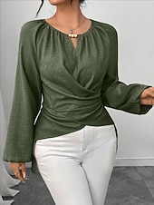 cheap Plain Blouses-Women's Blouse Ruched Plain Elegant Stylish Basic Long Sleeve Crew Neck Regular Tops Daily Streetwear Black Pink Wine Green Khaki Spring Fall