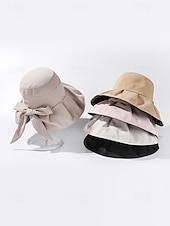 رخيصةأون اكسسوارات العطلة-قبعة شمسية نسائية من البوليستر بحافة عريضة مزينة بفيونكة، قابلة للطي لحماية من الأشعة فوق البنفسجية، متوفرة بألوان متعددة، لون أنيق مناسب لعطلة الربيع والارتداء اليومي غير الرسمي