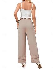 cheap Wide Leg &amp; High Waisted-Women's Wide Leg Trousers Casual Pants Vacation Fashion Streetwear Full Length High Waist Plain Lace Elastic Waist Comfortable Breathable Inelastic Daily Vacation Street Black Almond Military Green