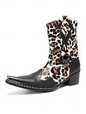 baratos Homens-Botas masculinas de couro legítimo para festivais, com estampa de leopardo, ideais para música.