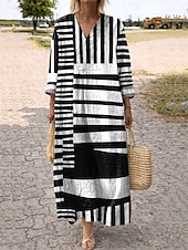 economico Abiti da vacanza-Abito Midi da Donna V Collo Maniche Lunghe Kaftan Leggero Comodo A Line Abito Casual Boho Uscita Grafica Geometrica Strisce Maniche Lunghe V Collo Arancione Rosso Nero Giallo Rosa