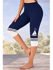 cheap Graphic Leggings-Women's Chinos Leggings Vacation Vintage Streetwear Capris High Waist Floral Graphic Printing Comfort Soft Comfortable Stretchy Daily Outdoor Vacation Blue Dark Blue+White Navy-blue Navy Blue Summer