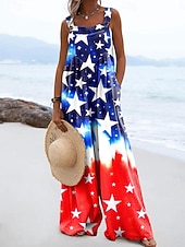 preiswerte Unabhängigkeitstag Hosen-Unabhängigkeitstag Patriotic Damen Latzhosen Aktiv Floral Ärmellos Ärmellos Weite Beine Quadrat-Ausschnitt Pocket Knöpfe Täglich Strand Lockere Passform Rot Lila Orange Sommer