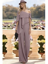 cheap Mom's Jumpsuits-Jumpsuits Floor Length Mother of the Bride Dress Short Sleeve Off Shoulder Elegant Formal Wedding Guest Wedding Party Chiffon with Ruffles