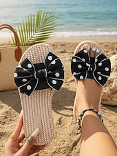 voordelige Vrouwen-Dames slippers met stippen en strik, met gevlochten touwzool – schattige instapschoenen voor strandvakanties, zomervakanties en bij het zwembad.