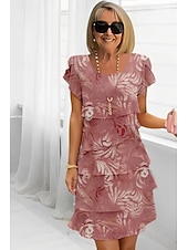 billiga Chiffongklänningar-Dam Midiklänning Sommarklänning Klänning med tryck Elegant Dagligen Normal Blommig Geometrisk Kortärmad Rund hals Ljusgul Ljusrosa Ljusrosa Dammig ros Sommar