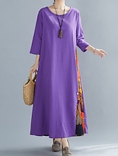 abordables Robes-Robe maxi en lin pour femme faux coton robe décontractée coupe ample graphique floral manches 3/4 col rond noir jaune rouge violet été printemps