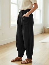 preiswerte Premium-Leinen-Kollektion-Damen-Leinenhose aus 70 % Leinen, weites Bein, Chino-Stil, Sommerhose, Urlaubshose, Streetwear, Basic, lange Länge, mittlere Bundhöhe, schlicht, Tasche, elastischer Bund, bequem, komfortabel, nicht elastisch, für Alltag, Outdoor, Straße, Bordeauxrot, Azur