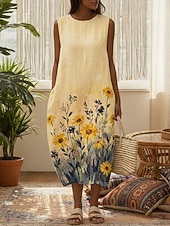 economico Abiti floreali-Per donna Abito Midi Finto cotone e lino Vestito Casual Vestito Estivo Abito a Tubino Vintage Quotidiano All'aperto Vacanza Vestibilità regolare Floreale Girasole Senza Maniche Girocollo Blu Giallo